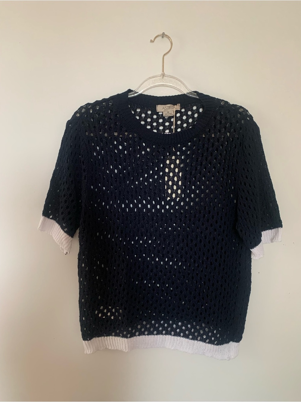 Astrid Navy Open-Knit Short Sleeve Tee with White Trim Available in S L XL